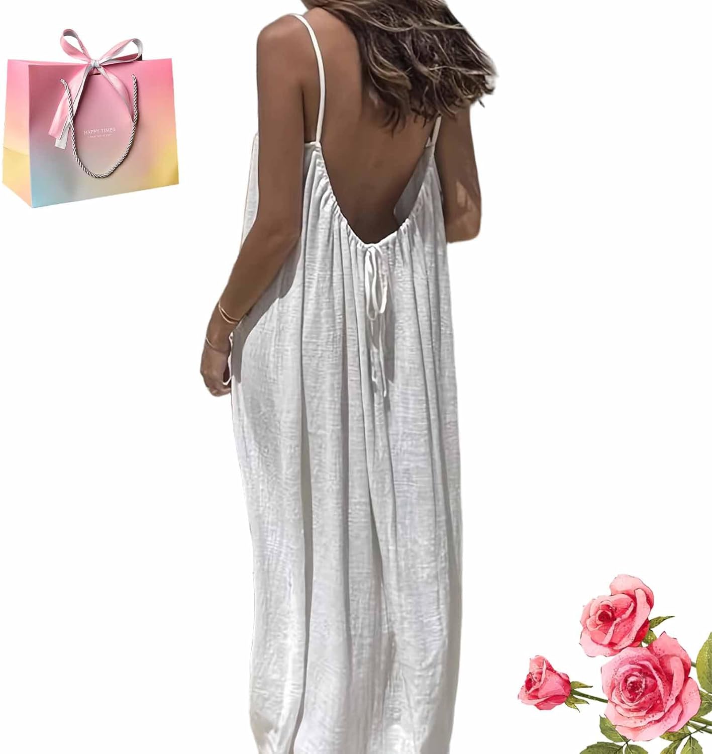 Womens Summer Casual Sleeveless Backless Cami Dress, Cami Lounge Dress Backless for Vacation, Casual Wear