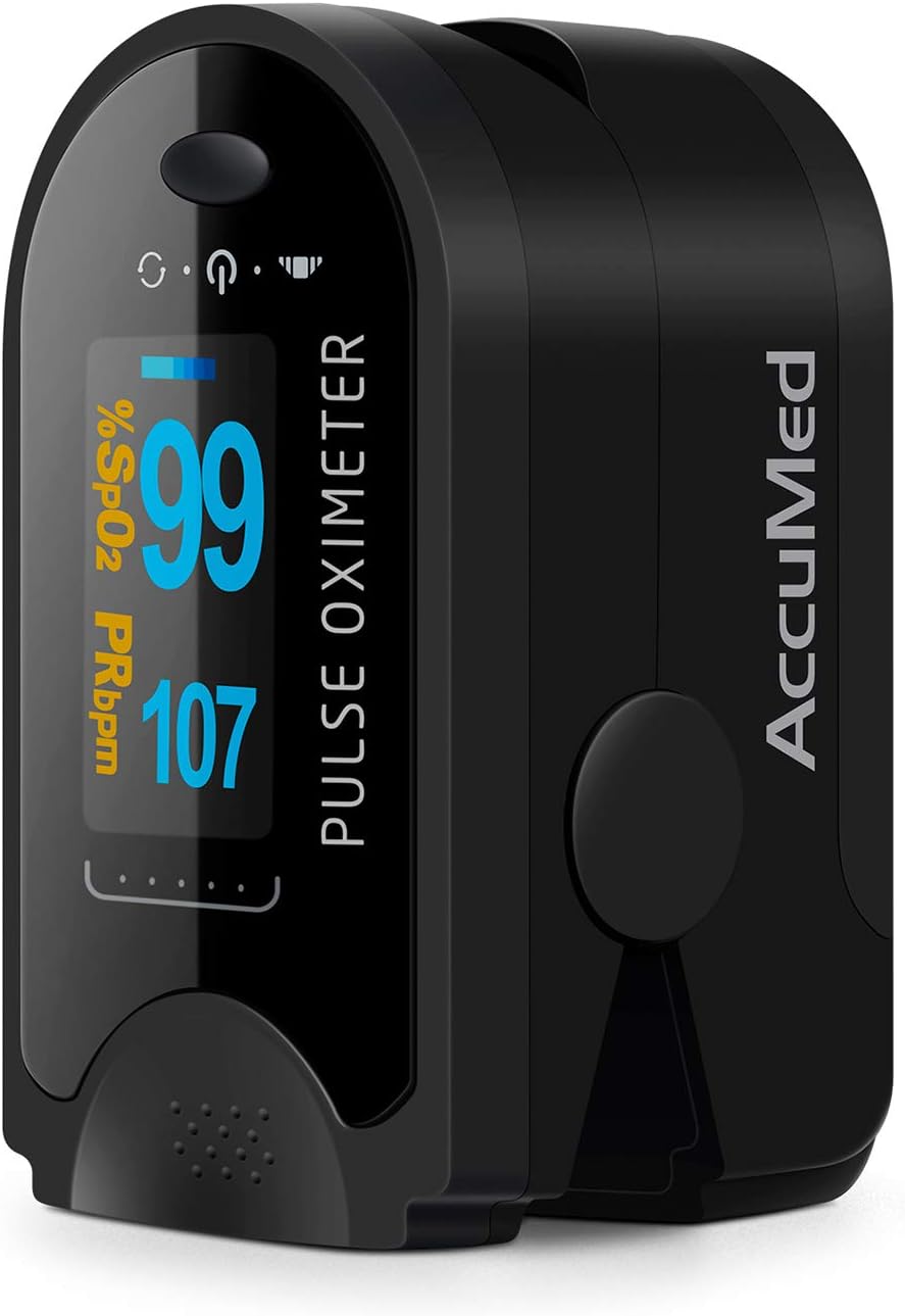 AccuMed CMS-50D Fingertip Pulse Oximeter Blood Oxygen Sensor SpO2 for Sports and Aviation. Portable and Lightweight with LED Display, 2 AAA Batteries, Lanyard and Travel Case (Black)