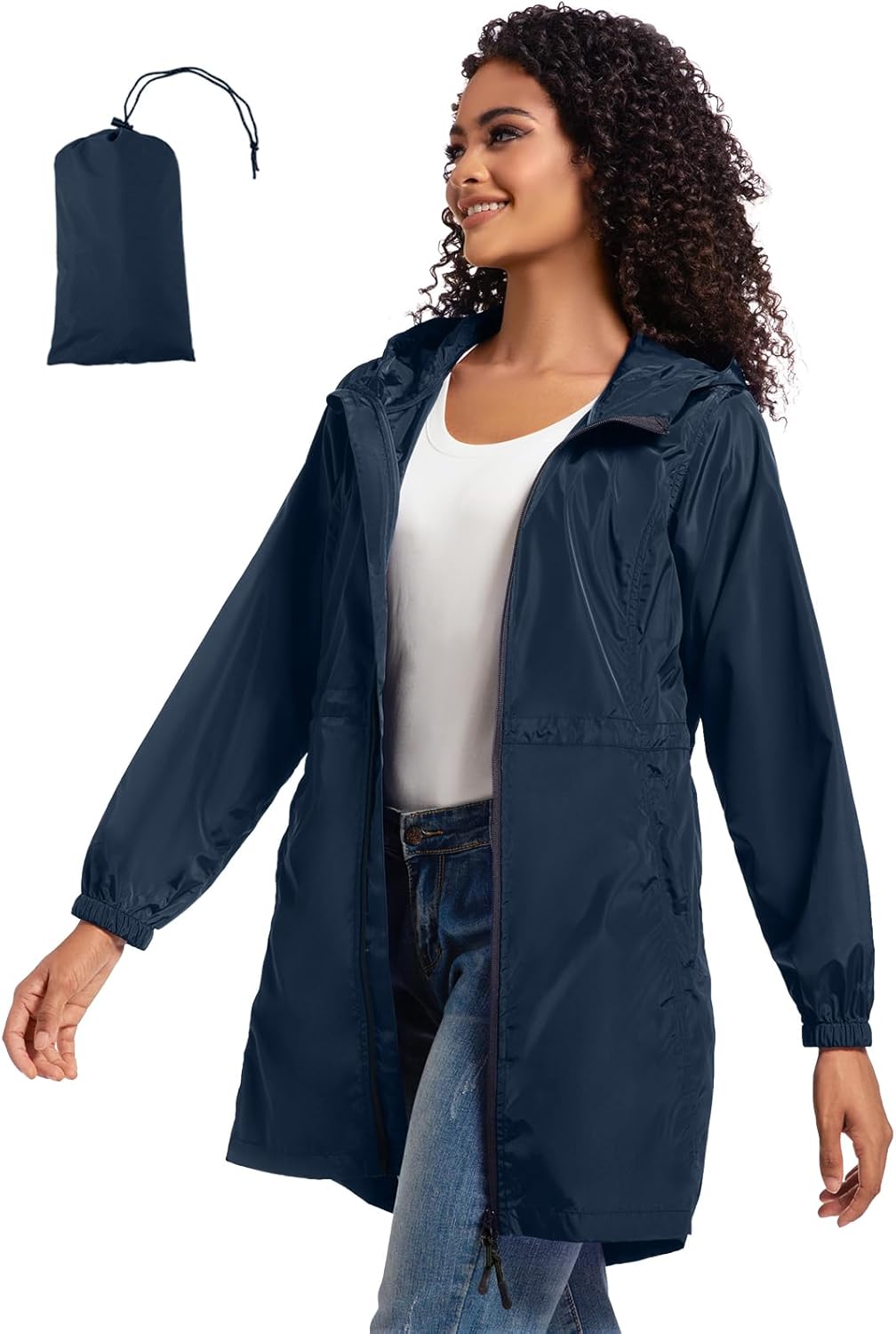 SaphiRose Women's Long Packable Raincoat Waterproof Rain Jacket Lightweight Outdoor Windbreaker with Hood