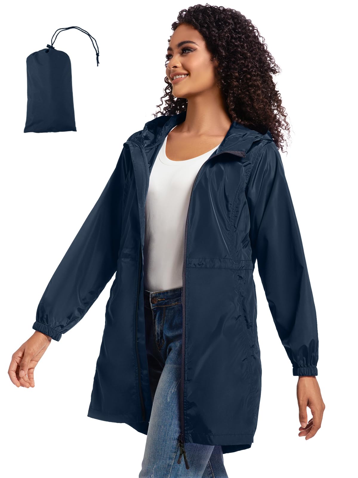 SaphiRose Women's Long Packable Raincoat Waterproof Rain Jacket Lightweight Outdoor Windbreaker with Hood