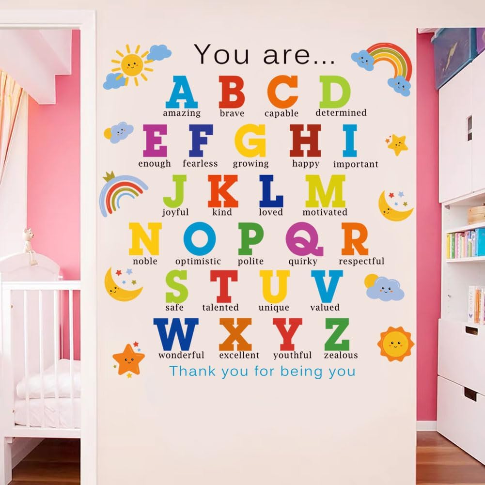 Wall Decals Alphabet Wall Stickers Removable ABC Wall Stickers Colorful Learning Educational Wall Sticker Removable Peel and Stick Wall Décor for Kids Bedroom Nursery Classroom Decorations