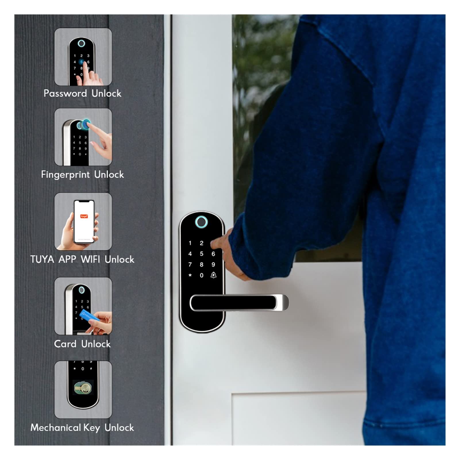 VChics Serrure de porte intelligente, Approprient digitale Smart Lock, WiFi Applotant Bouton étanche Pinype Pinypad Serrure de porte électronique, verrouillage la télécommande biométrique