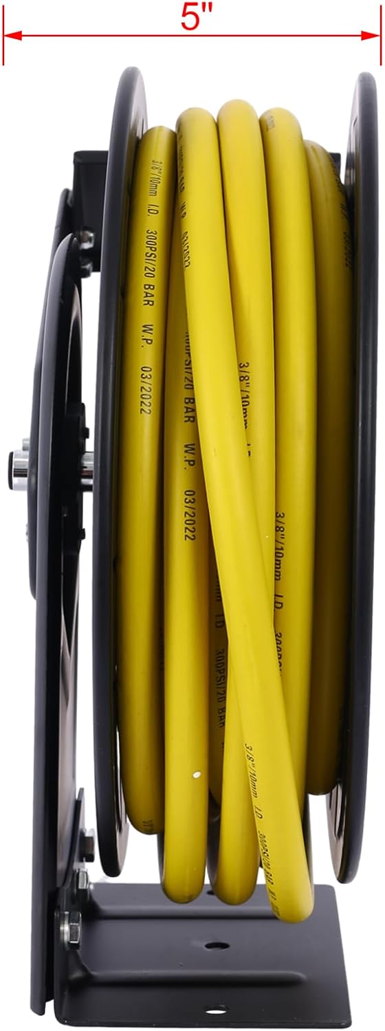 Air Reel Retractable 3/8" Inch x 50' Feet Premium Commercial Flex Hybrid Polymer Hose Max 300 PSI Heavy Duty Steel Frame