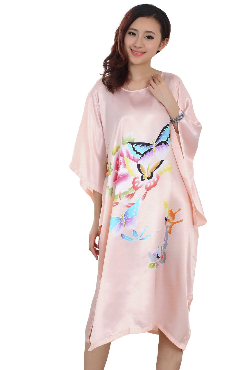 Jtc Women's Baby Pink Butterfly Flower Printed Satin Nightgown Sleepwear Loose Sleeve Kimono Dress Nightdress (Baby Pink Butterfly)