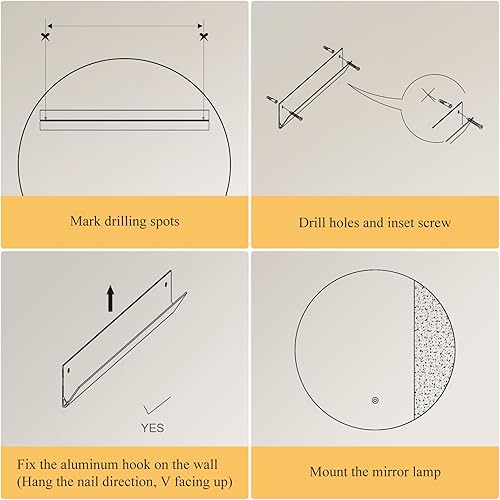 Miniatura 8 de ONEWISH Aplique de pared LED, espejo regulable, luces de pared redondas de 16.93 pulgadas para dormitorio con función de memoria, lámparas de pared
