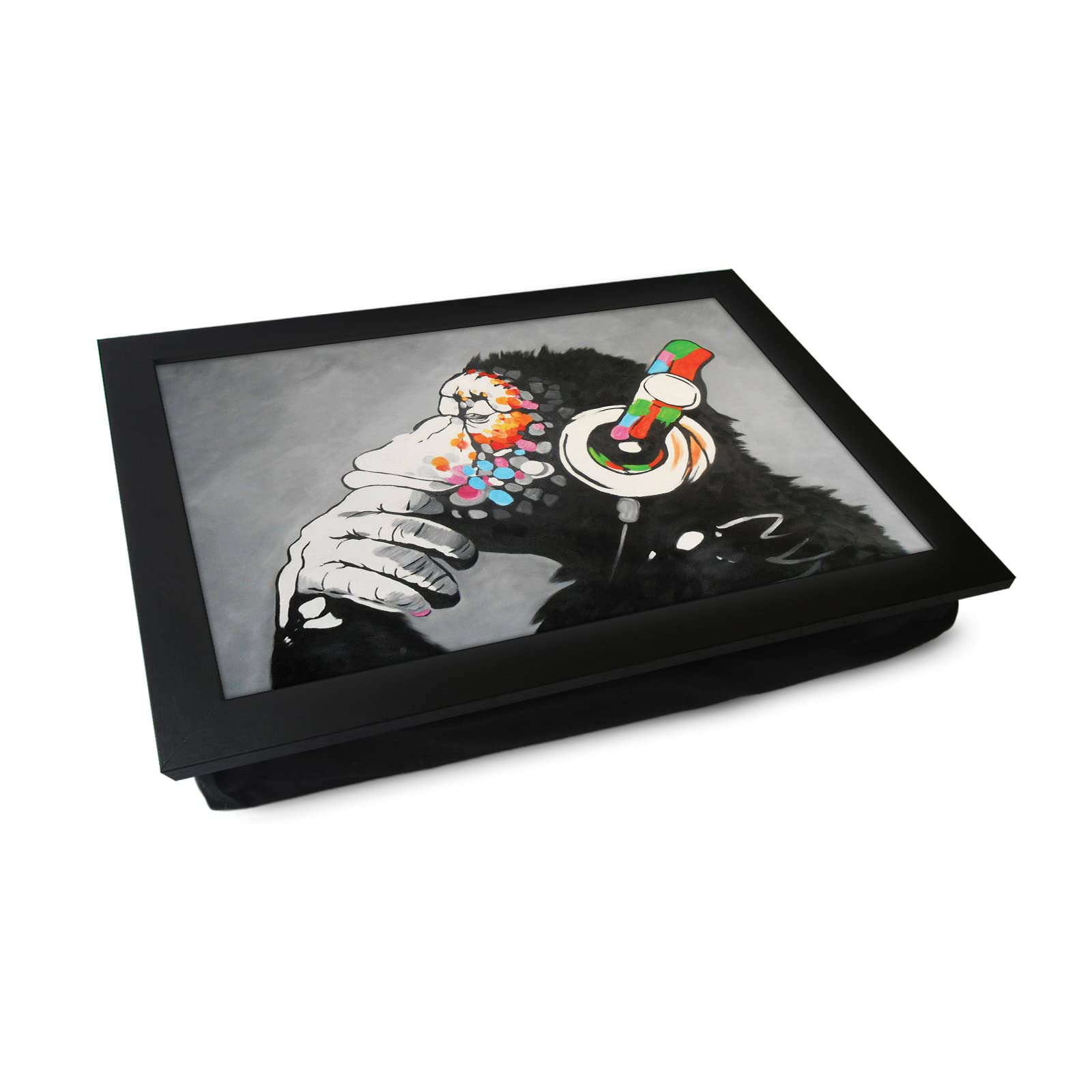 Yoosh Black Portable Lap Desk Tray (Banksy Dj Monkey) Handmade Wooden Frame, Beanbag Cushioned Bottom | Computers, Laptops, Meals, Food | L466
