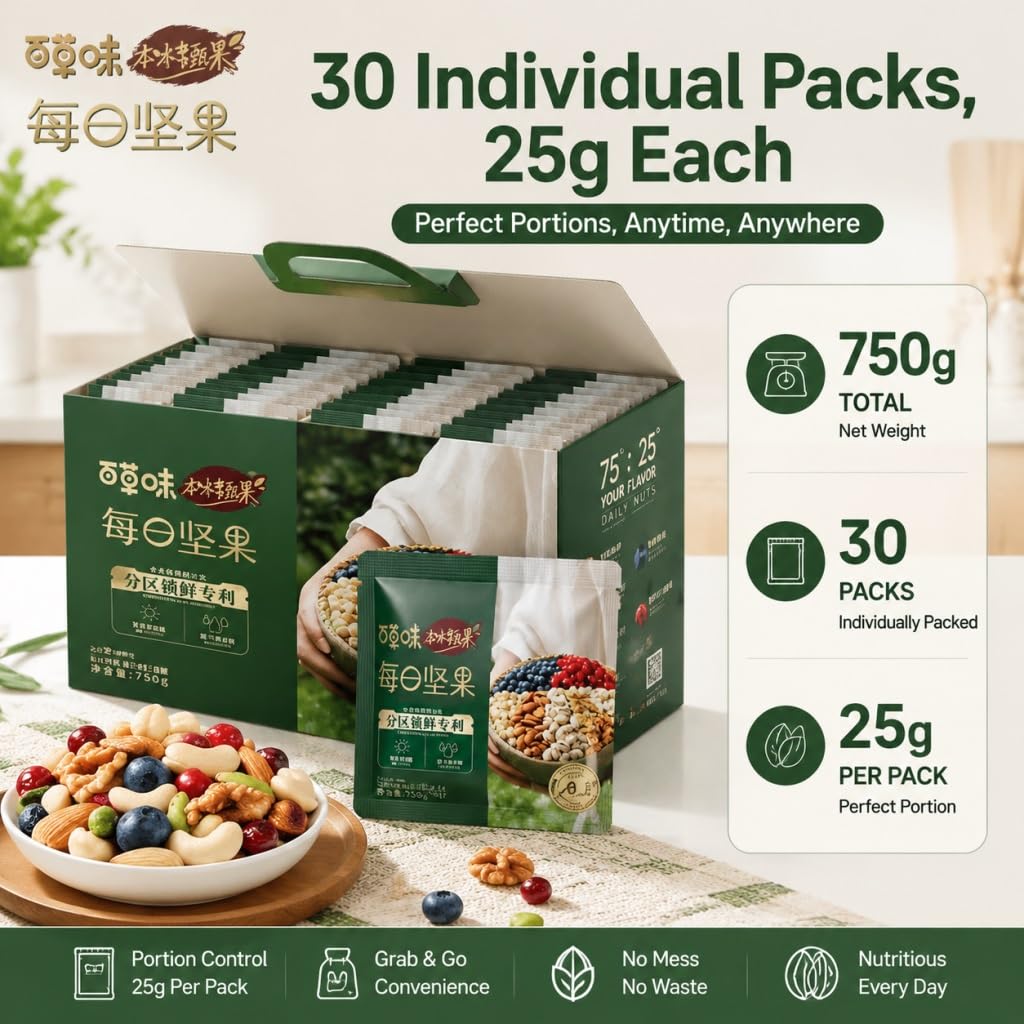 Snack Diario De Frutos Secos Y, 750 G (30 Paquetes) | 5 Nueces + 2 Frutas | Bocadillos Resellables, Frescos, Portátiles Que No Ensucian For Adultos