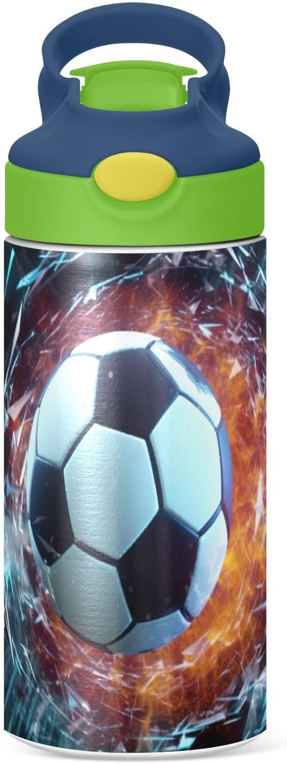 Kigai Soccer Ball Kids Water Bottle,Insulated Stainless Steel Reusable Metal Thermos Bottles, Leak-Proof Straw Lid, BPA-Free, For Boys,Girls
