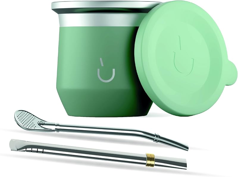 BALIBETOV 8 fl oz Yerba Mate Cup – Mate Cup, 2 Bombillas & Cleaning Brush – Vacuum Insulated – Silicone Cover & Non-Slip Base – Easy to Clean and Maintain