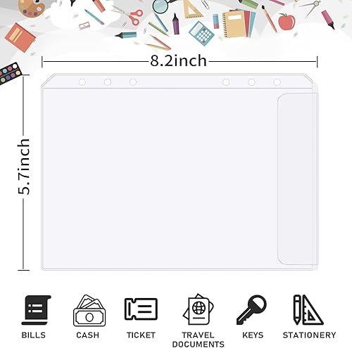 Miniatura 37 de 60 bolsillos A6 para carpeta, 6 agujeros, con cremallera, carpetas de PVC transparente, bolsas de hojas sueltas, sobres de efectivo para carpetas