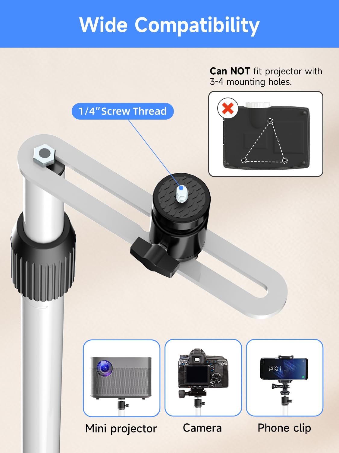 suptek Stojak do projektora obracany o 360°, sofa pod ścianę, ukryty projektor, stojak podłogowy, regulacja wysokości, uchwyt podłogowy mini projektora, kompatybilny z HomeOffice Video DVR, biały