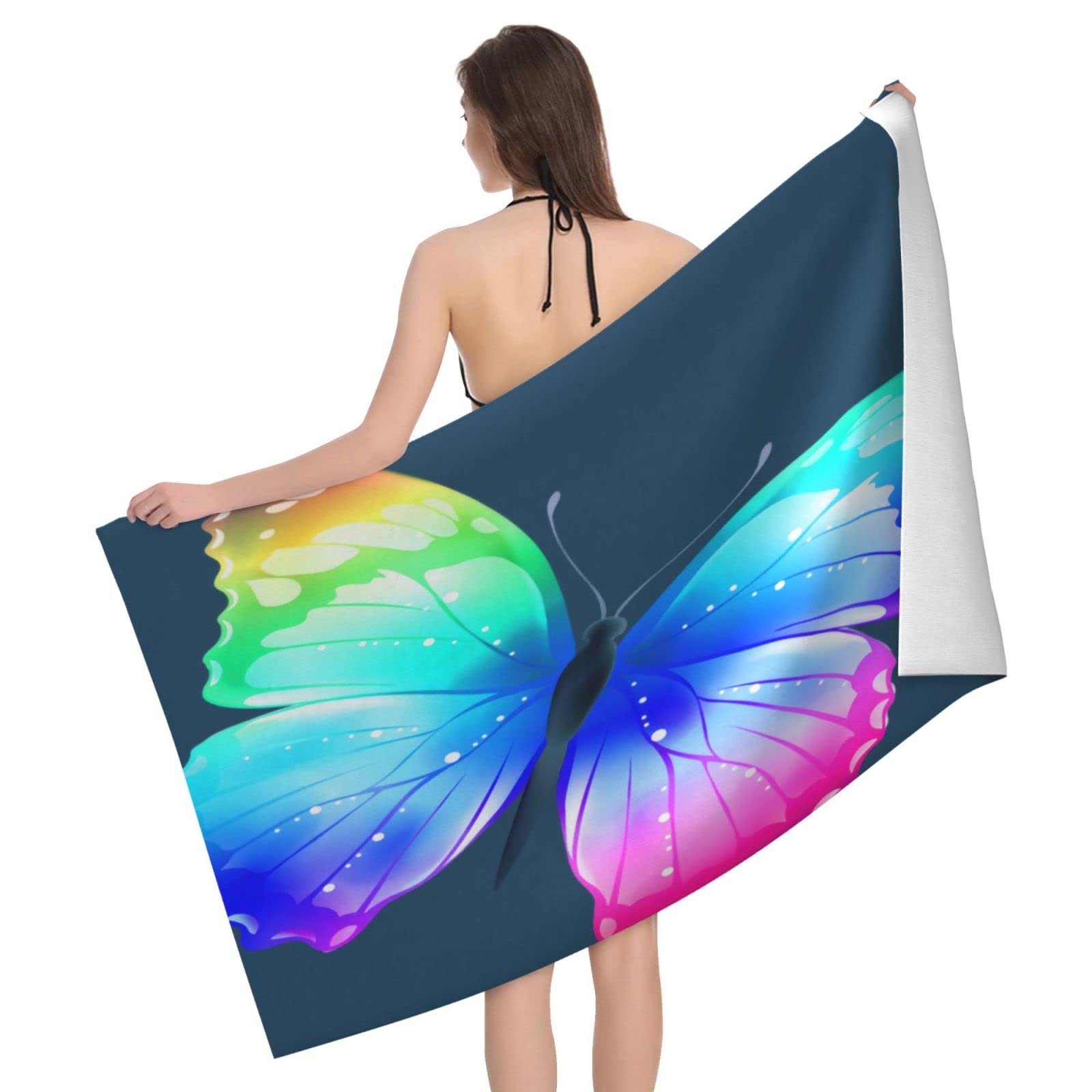 Lawenp Colorful Butterfly Beach Towel, Lightweight Sand Free Quick Dry Microfiber Absorbent Bath Towel for Kids, Adults, Swimming, Bath, Yoga, Pool, Travel, Camping 32"X52"