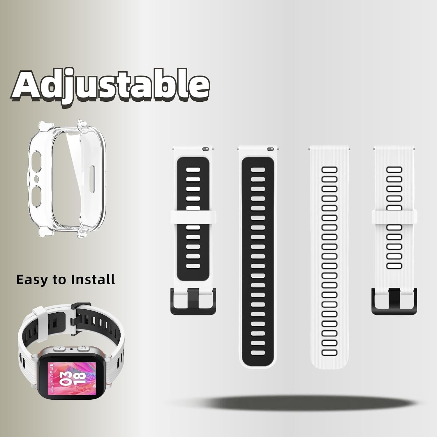 Compatible for Gabb Watch 3 Watch Band with Case, Protection Cover Soft Sport Silicone Breathable Adjustable Wristband Strap for Gabb 3 Watch