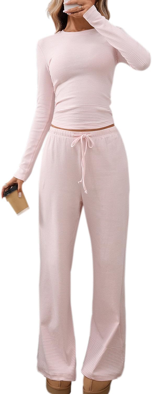 CHYRII Womens Two Piece Sets Fall Fashion Striped Long Sleeve Tops Wide Leg Palazzo Pants Outfits Loung Sets - Image 2