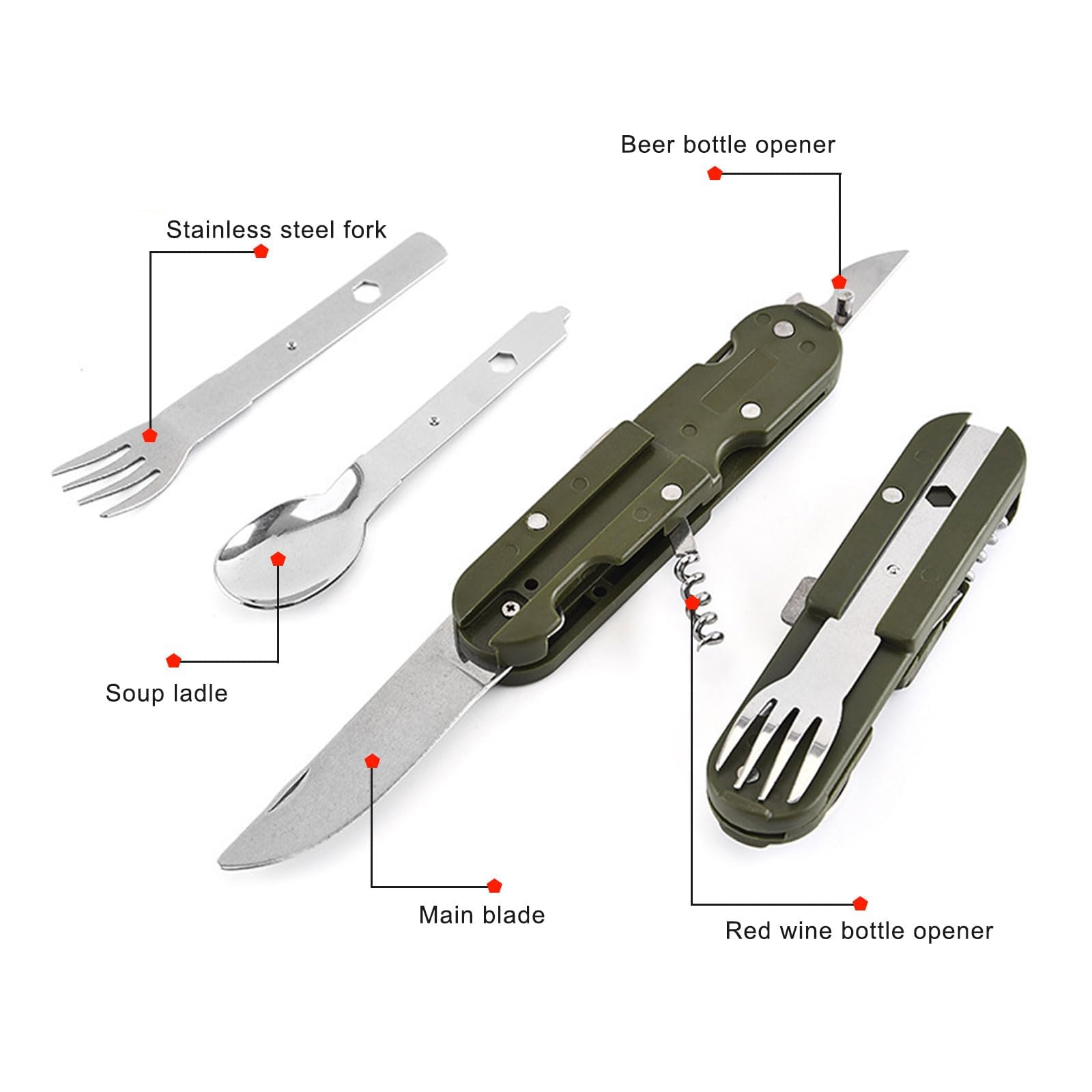 NIYATA 4Pcs Couverts De Camping Pliables, Kit Multifonction 5 En 1 Inox, Couteau Cuillère Fourchette Pour Pique-Niques, Randonnée Et Activités Extérieures