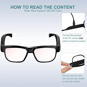 Camera Glasses Video Glasses HD Smart Glasses Recording Outdoor Sport Glasses with Camera Wearable Eyeglass Built-in 32G Memory Card only Open on Computer
