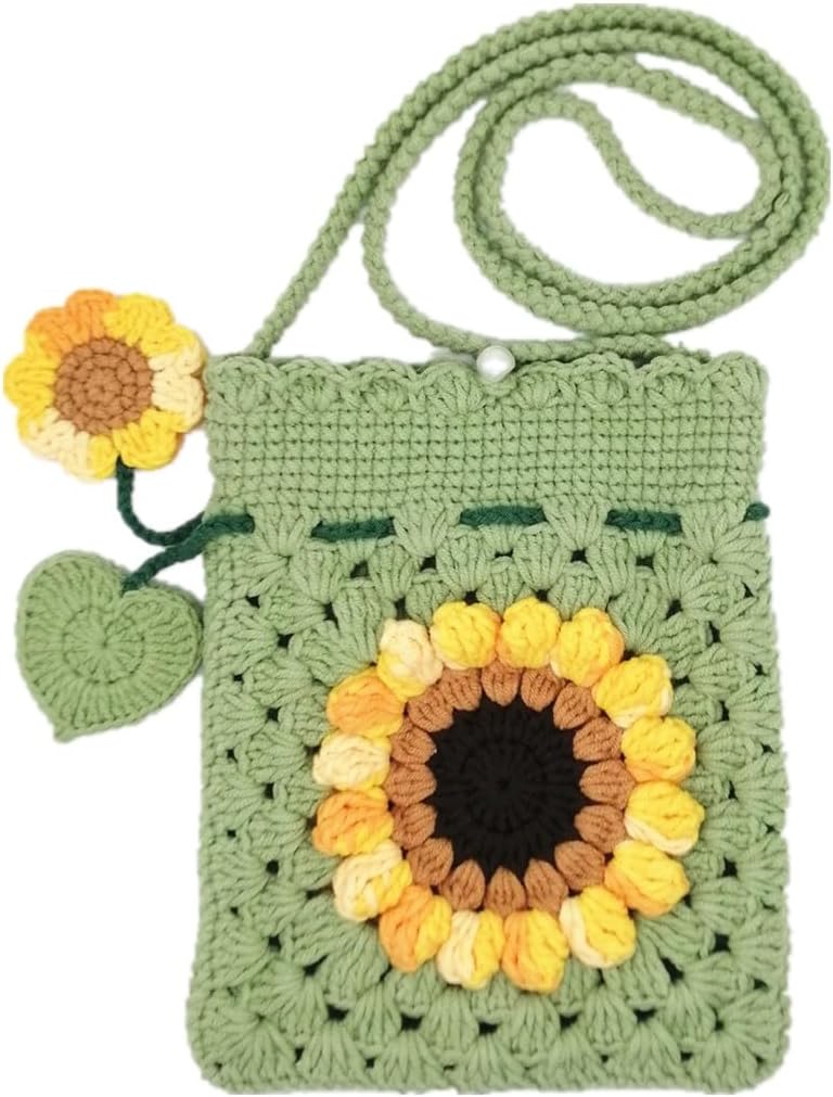 Handmade Crochet Sunflower Blossom Phone Bag Knitted Bag for Women, A-mint green