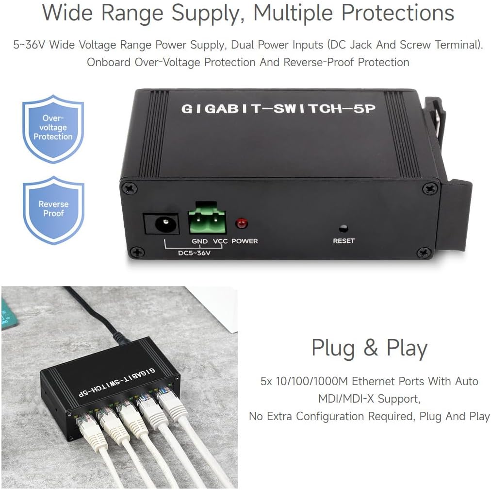 Waveshare Industrial Grade 5P Gigabit Ethernet Switch IEEE 802.3X-Compliant Full-Duplex 10/100/1000M Connection DIN Rail Mount