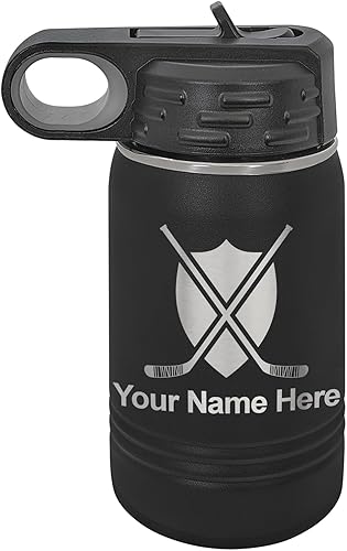 LaserGram Botella de agua con tapa abatible de doble pared de 12 onzas con pajilla, palos de hockey, grabado personalizado incluido (negro)