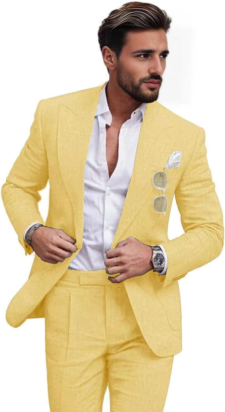 Netsky 2 Piece Linen Suits for Men Summer Beach Wedding Suit Groomsmen Prom Casual Tuxedo Jacket Pants