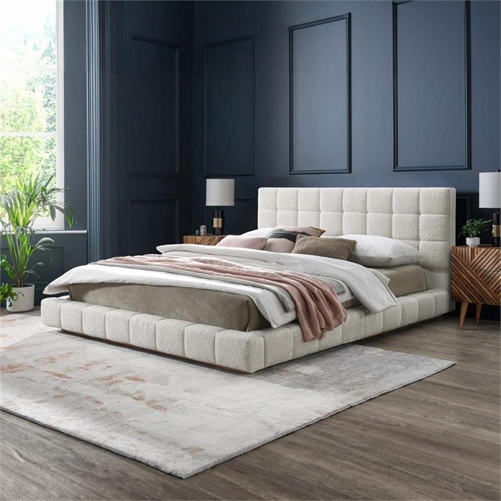 Claire Upholstered Mid-Century Fabric Queen Platform Bed in Ivory