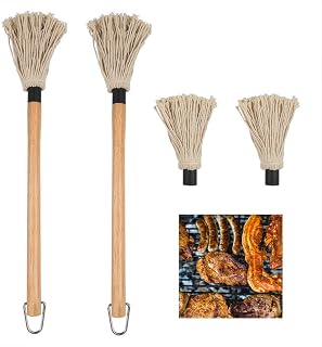 YuCool 2 Pack BBQ Basting Mop, Professional Barbecue Sauce Large Mop with Wood Handle Washable Head with 2 Pack Extra Replacement Heads for Cooking Roasting Grilling