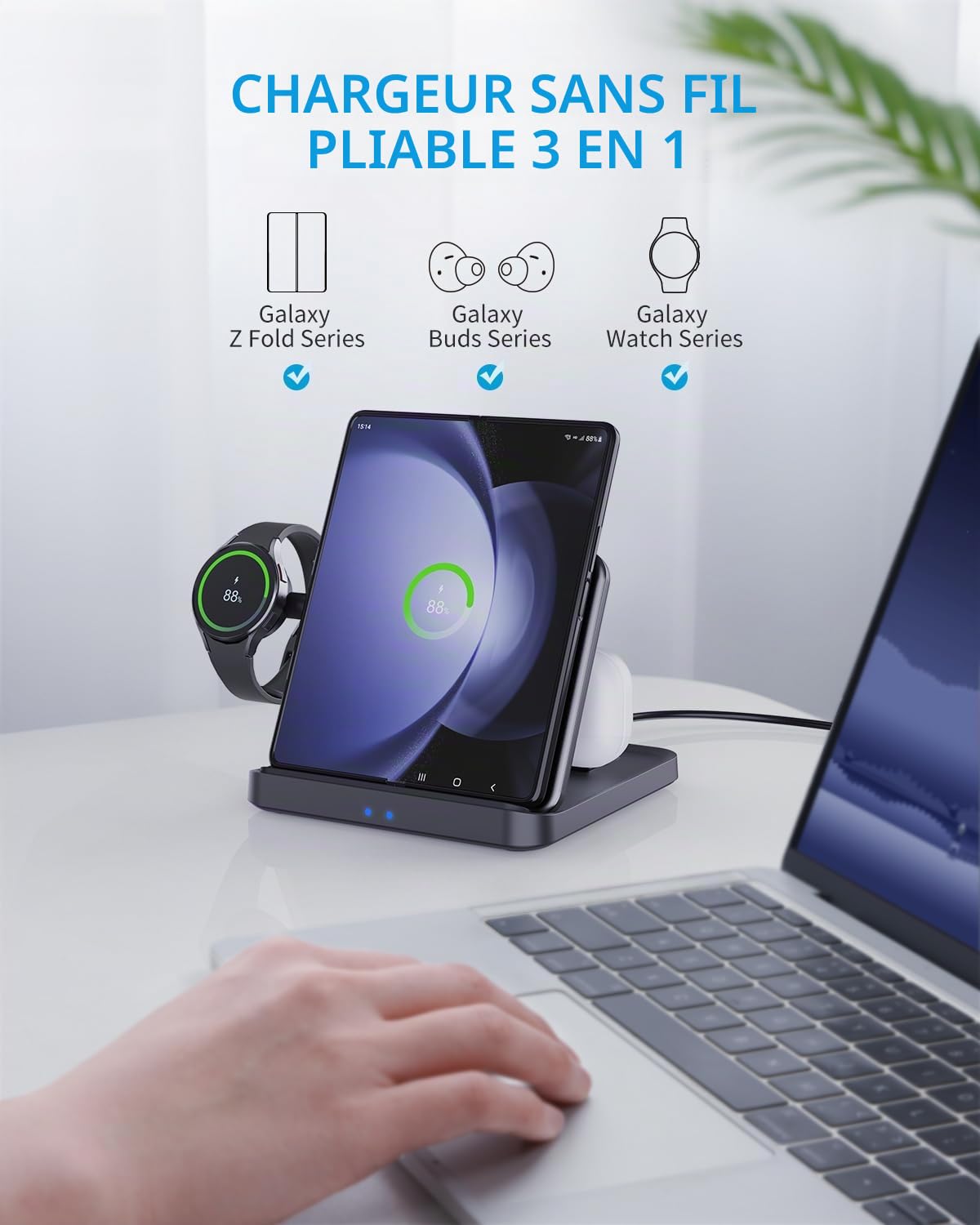 pour Samsung Z Fold 5 Wireless Charger Station, 3 en 1 Station d'accueil Pliable à Chargement Rapide pour Galaxy Z Fold 4/3, Z Flip 5/4/3, S23, Note20/10 Ultra, Watch 6/5//4/3, Earbuds 2 Pro
