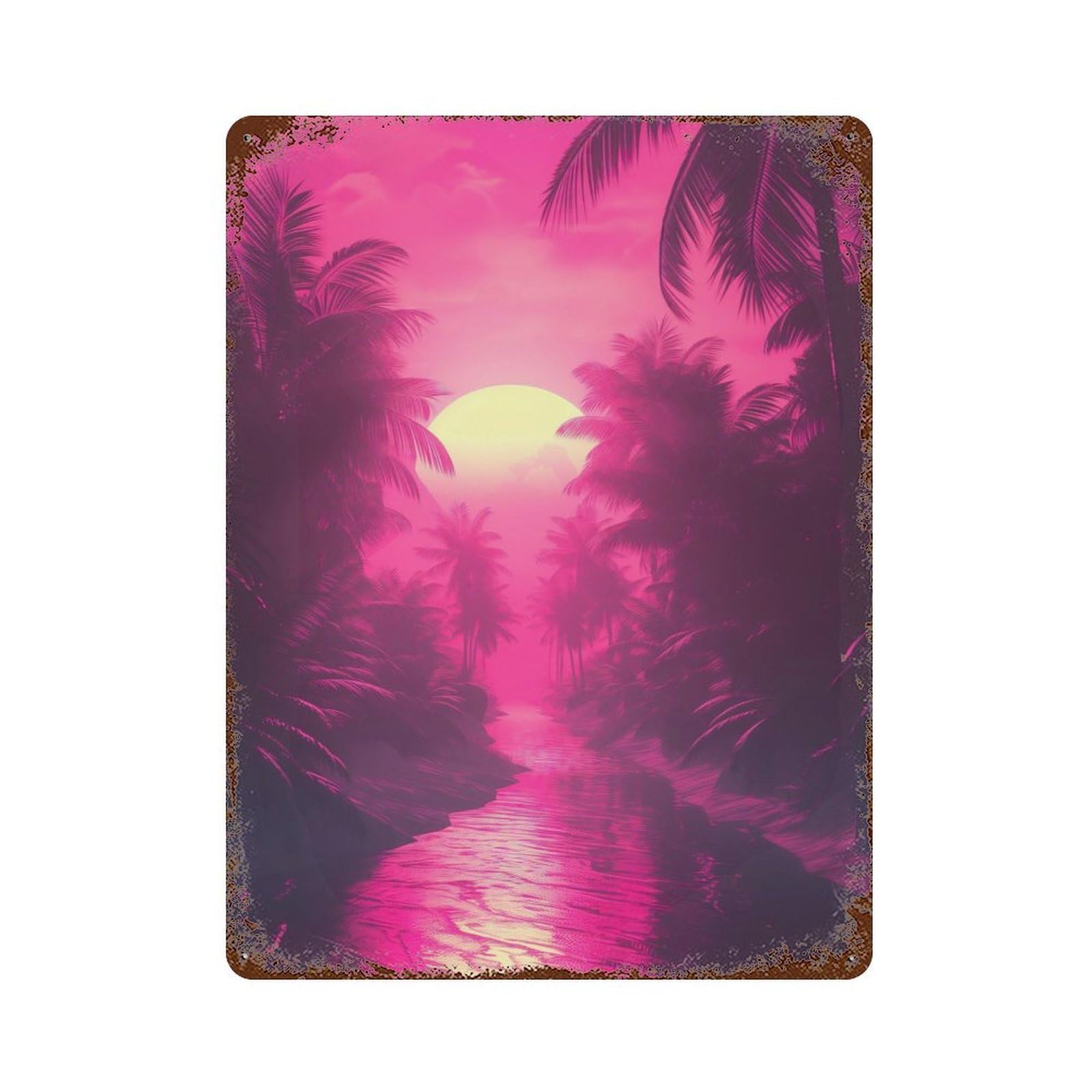 Tropical Synthwave Dreams 15.7"x11.8" Distressed Metal Wall Sign, Industrial Home Decor for Patio, Garden Room And Bar Decor