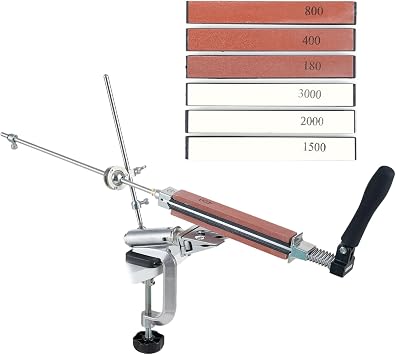 Knife Sharpener System with 6 Grit Whetstones, Alloy Manual Sharpener with 360 Rotatable Pivot and 180 Flipped Knife Clamp - Fixed 15 Angle with Adjustable Sharpening, Desktop