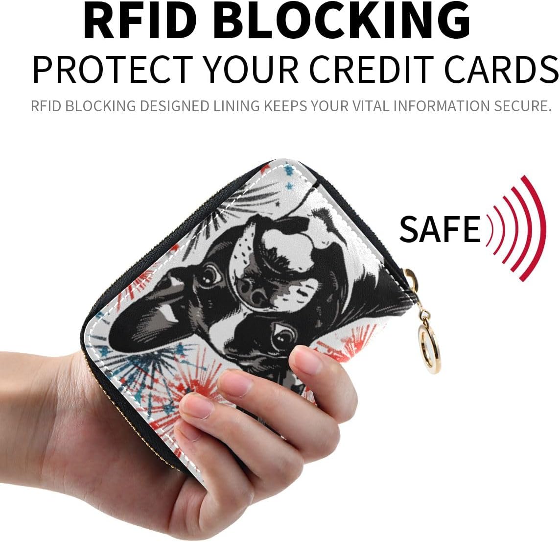 Credit Card Holder Wallet RFID Blocking Zipper Card Cases Boston Terrier Fireworks Leather Slim Small for Women Men