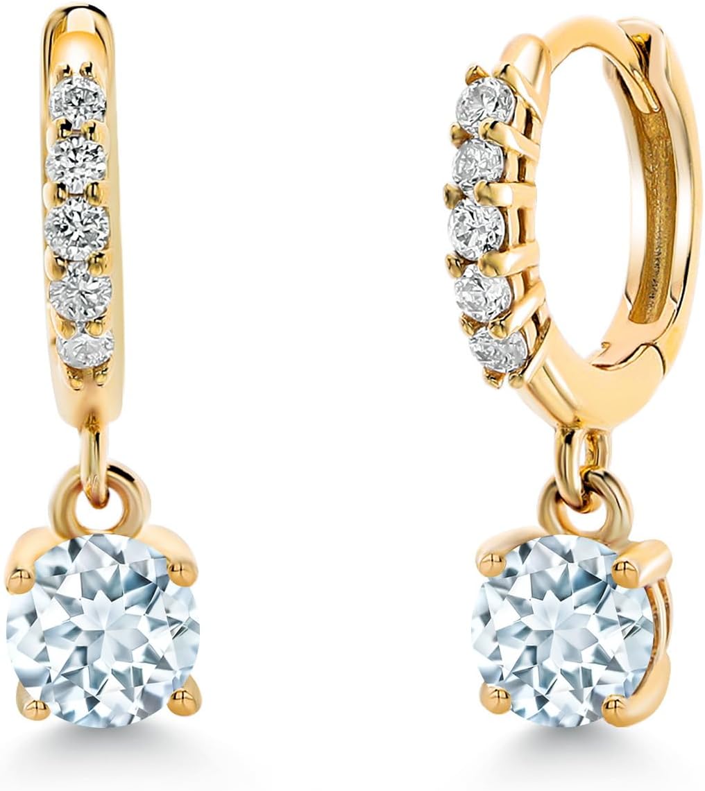 Gem Stone King 10K Yellow Gold Gemstone Birthstone and White Lab Grown Diamond Dangle Drop Huggie Hoop Earrings | Round 4MM | Gold Earrings For Women
