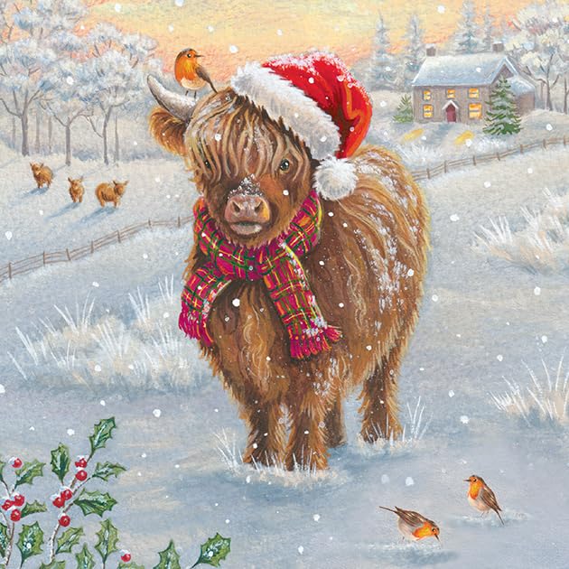 Noel Tatt Charity Christmas Cards Pack of 10 Highland Cow & Robins