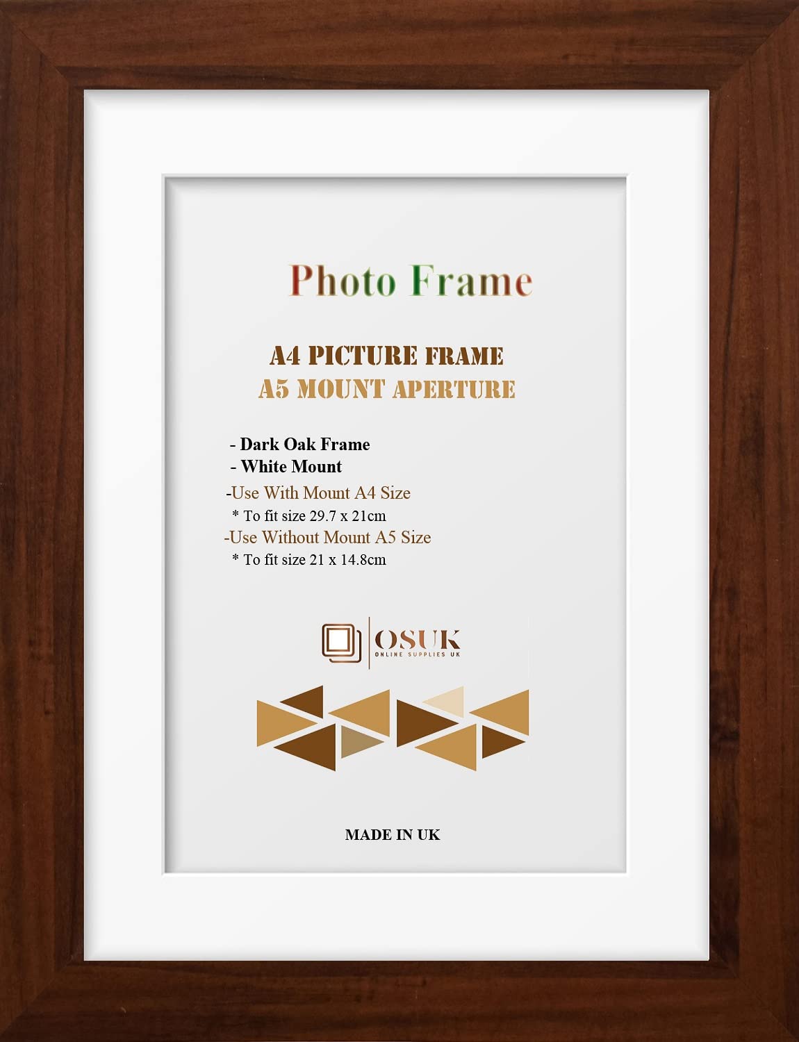 Frame Eazy Dark Oak Osuk A4 Frame With A5 Mount - Modern A4 Photo Frame With White Mount - Clear Perspex Front & Wall Mounting Poster Frame - A4 Photo Frame With A5 Mount