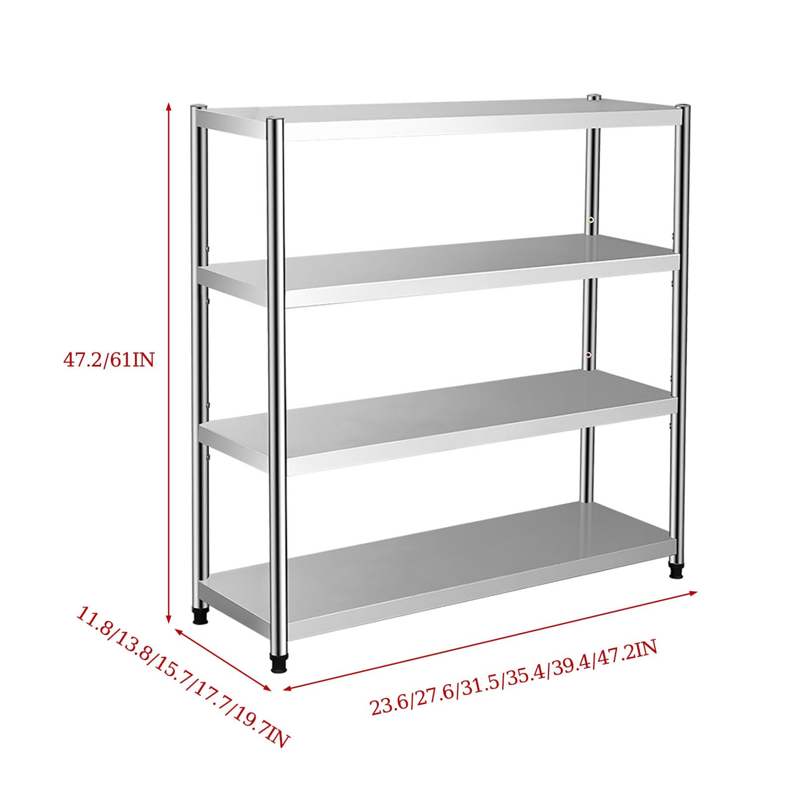 Robustes, verstellbares 4-stöckiges Edelstahlregal für Garage, Lagerung, Speisekammer und Büro, silberfarben, 60 x 45 x 120 cm