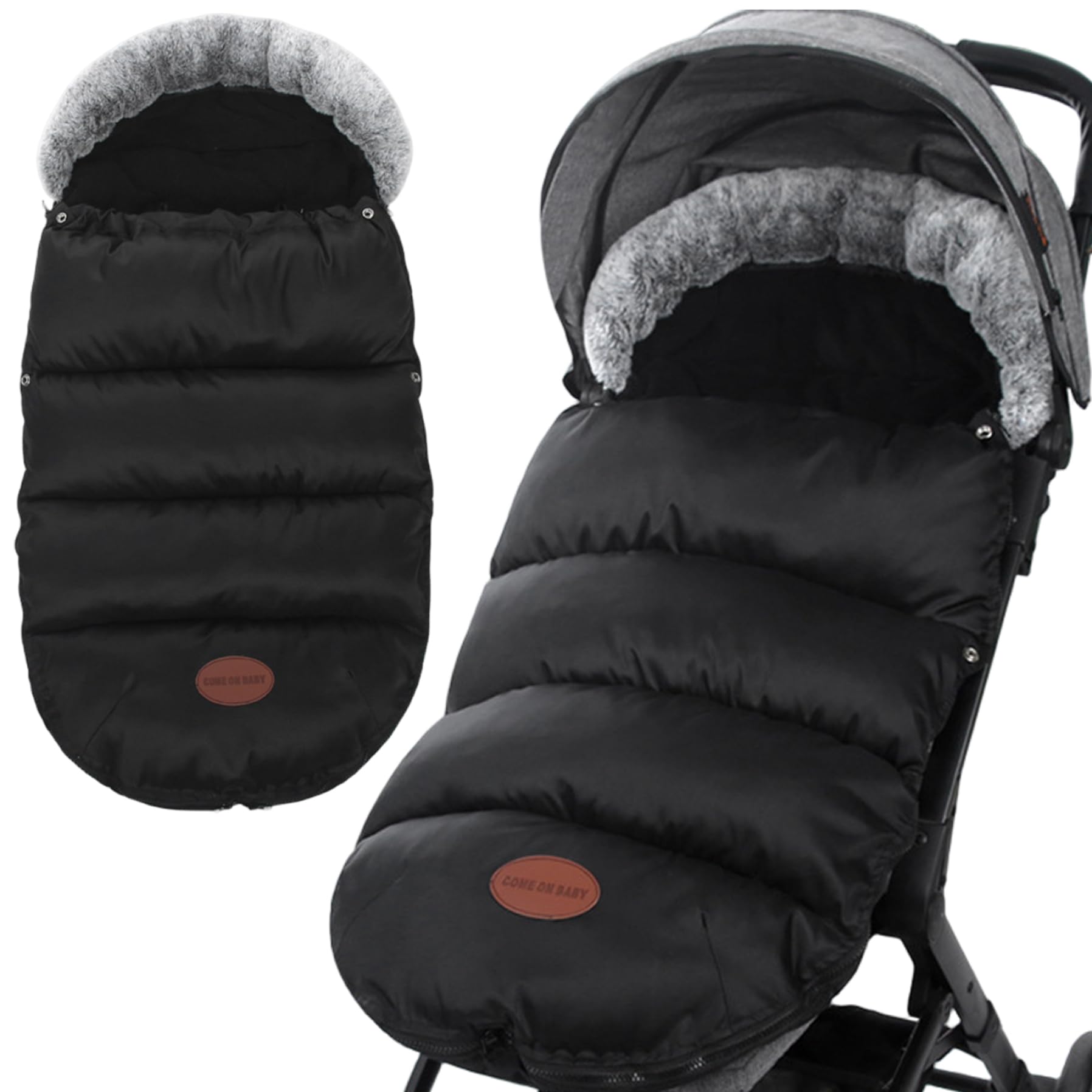 Chancelière de poussette 35x14 pouces, housse de poussette chaude doublée polaire épaisse pour l'hiver avec col en fourrure et fermeture éclair, sac banderole étanche
