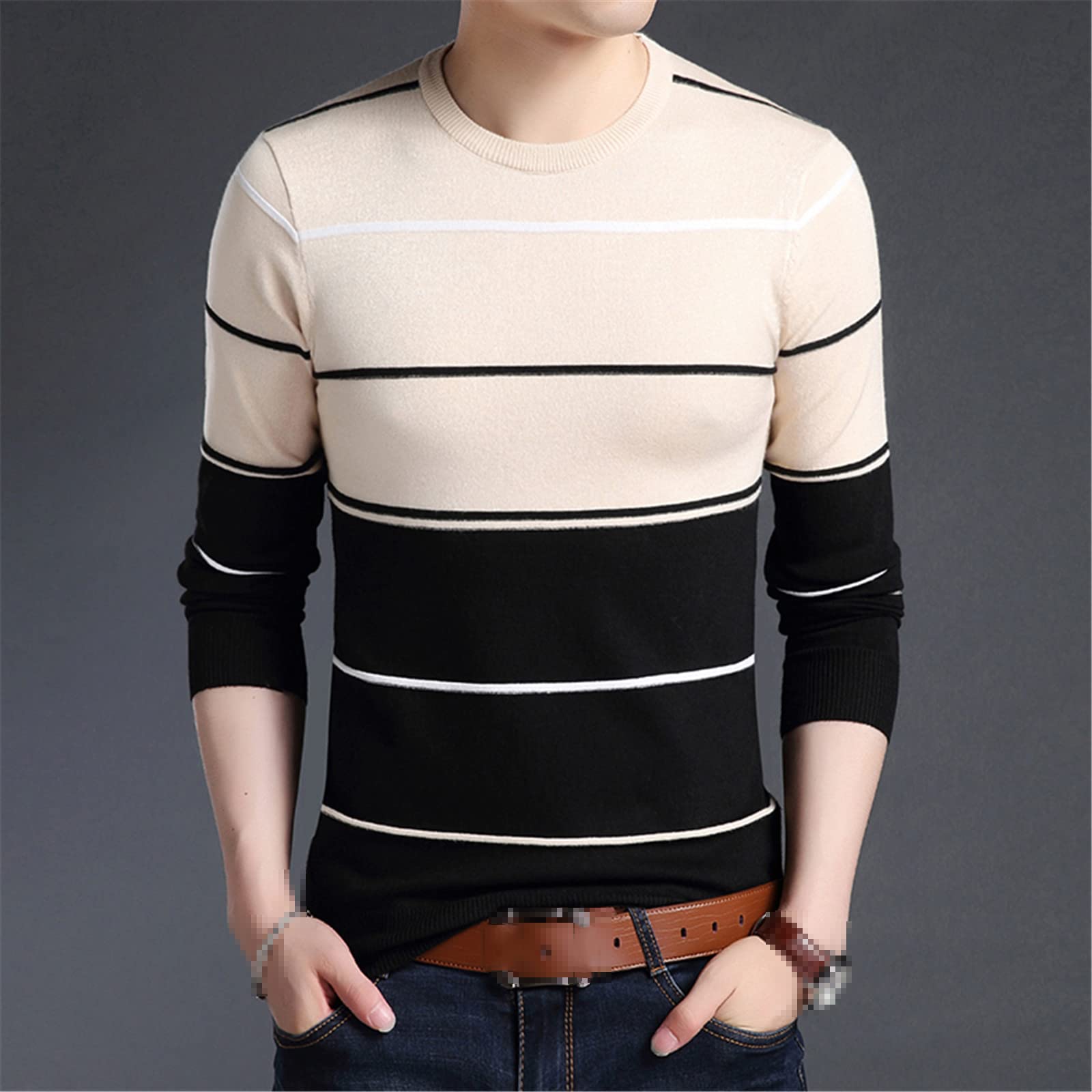 Vogrtcc Maglione Uomo Pullover A Righe Slim Fit Maglioni Maglieria Lana, Blu, 2XL