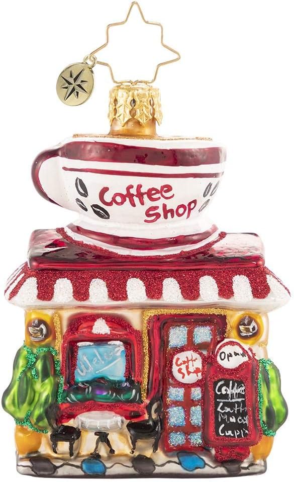 Coffee Shop Gem Glass Ornament – Handcrafted European Blown Glass Coffee Cup Ornament for Christmas Tree, Café-Themed Holiday Decoration & Collectible Gift