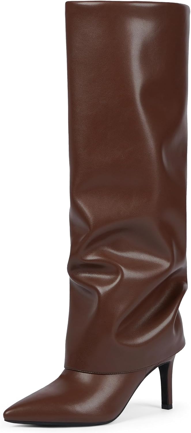 VIUGJNEX Knee High Boots Women Fold Over Boots Pointed Toe Stiletto Heel Long Shark Tall Boots with Zipper