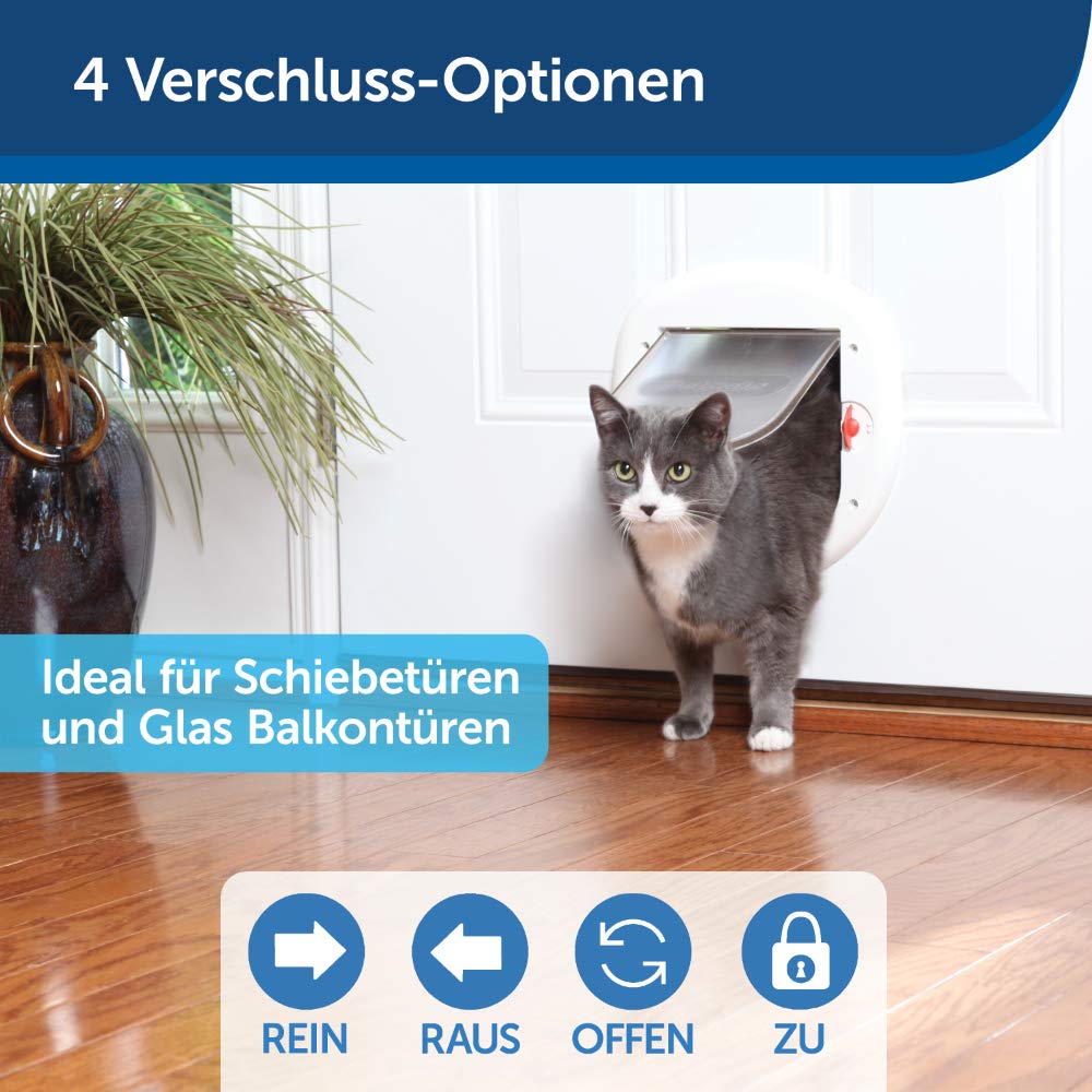 PetSafe Große Katzenklappe für Katzen/kleine Hunde, Ideal für Fenster/Schiebetüren, Tiere bis 10 kg, 4 manuelle Verschlussoptionen, Weiß, Staywell