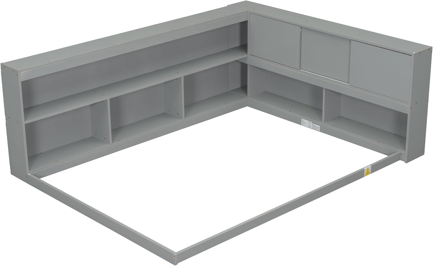 SOFTSEA Full Size Daybed with Bookcase Headboard, L-Shape Floor Daybed with Storage Cabinets, Wood Daybed Frame Without Slats Support Kids Teens Guests, Grey