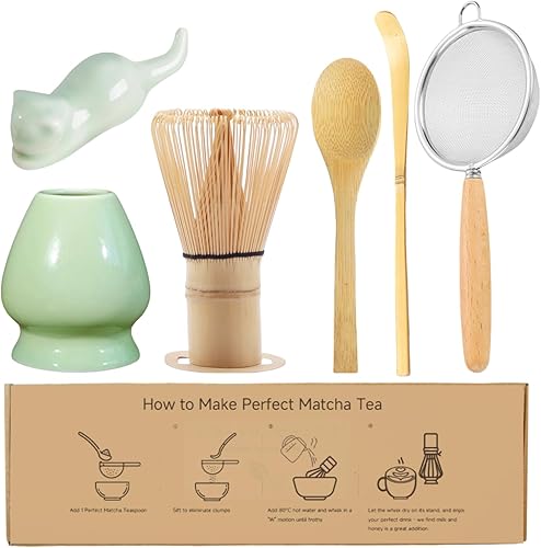 Miniatura 8 de Juego de batidor de matcha, kit de 6 piezas para hacer matcha, juego de té macha, soporte para batidor de cerámica, tamiz de iniciación de matcha,