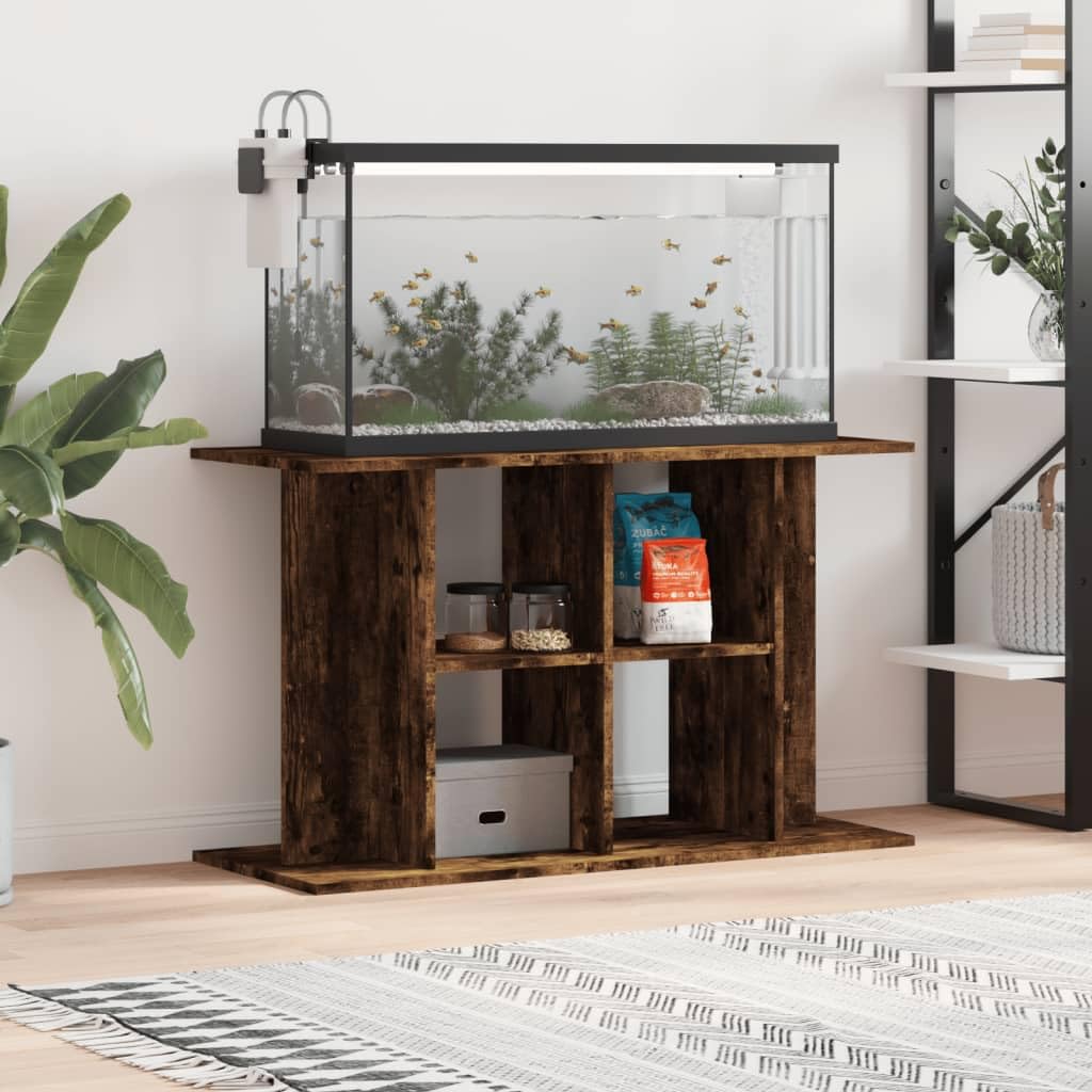 Homgoday Smoked Oak Aquarium Stand, 100 x 40 x 60 cm, Engineered Wood, Fish Tank Holder with 4 Compartments, Cabinet for Aquarium Base Cabinet Aquarium Table