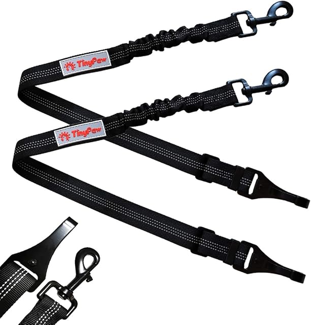 TinyPaw 2 Pack Heavy Duty Dog Seat Belt for Car, Great Dog Seat Belt with Bungee & Latch for Safety while sudden brake, All Metal Heavy Duty & Tangle-Free Attachment, Adjustable Length. (Black)