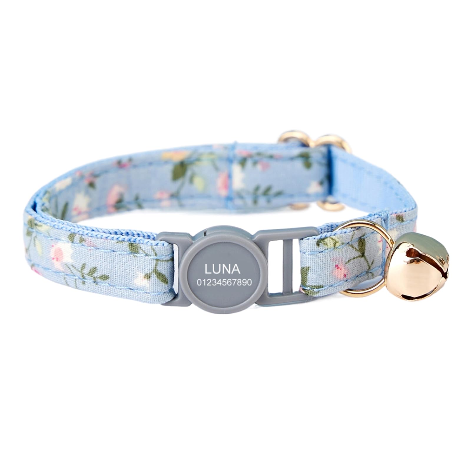 Personalized Cat Collar with Name Engraved, Breakaway Safety Buckle, Custom Cat Collar with Bell for Cats & Kittens, Lightweight Adjustable Cat Collars (Blue Floral, L)