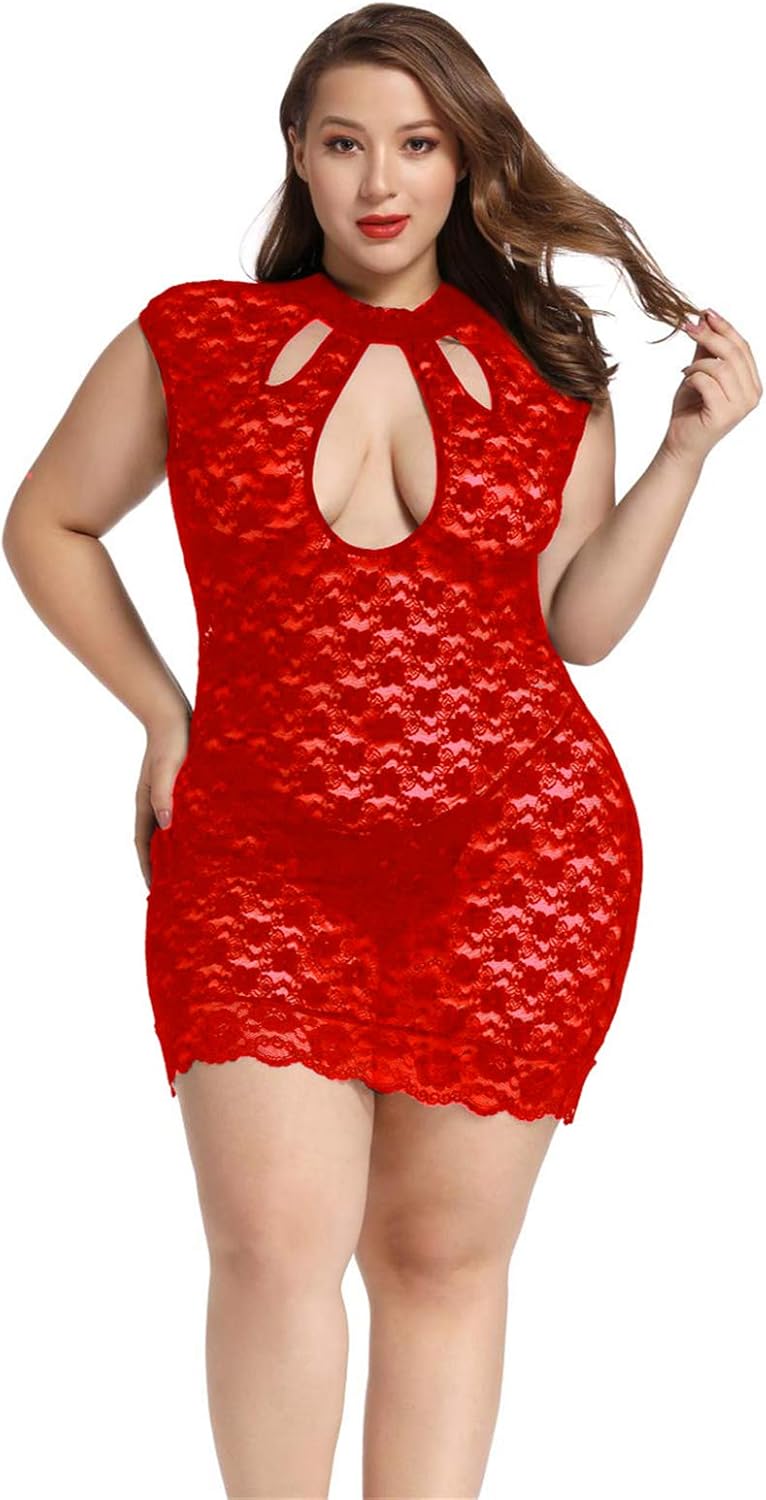Plus Size Lingerie for Women Bust Keyhole Lace Babydoll Chemise Mesh Sleepwear - Image 5
