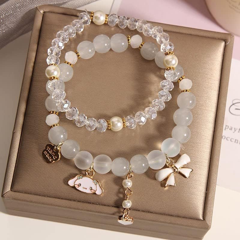 Kawaii Bracelets Crystal Beads Cinnamoroll Bracelet Set Cute Cartoon Elastic Beaded Bow Pearl Bracelets Anime Jewelry Christmas Stocking Stuffers for Women Bff Friendship (White)4