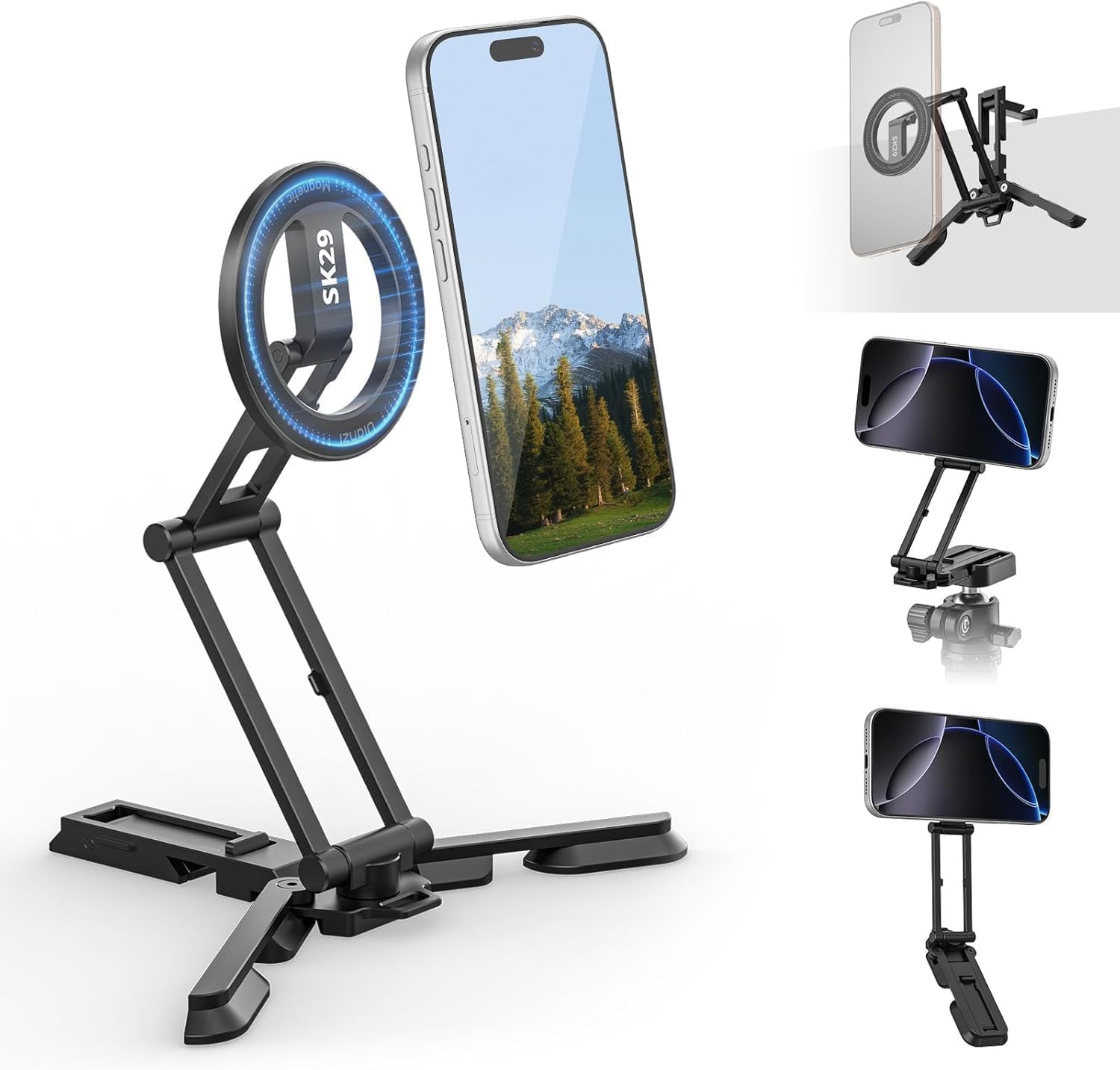 ULANZI SK29 Magnetic Phone Tripod, Foldable Mini Tripod Mount with MagSafe Phone Holder, Aluminium Cell Phone Stand with 1/4”, Arca Uka Base, Travel Vlog Essentials for iPhone 17/16/15/14/13/12