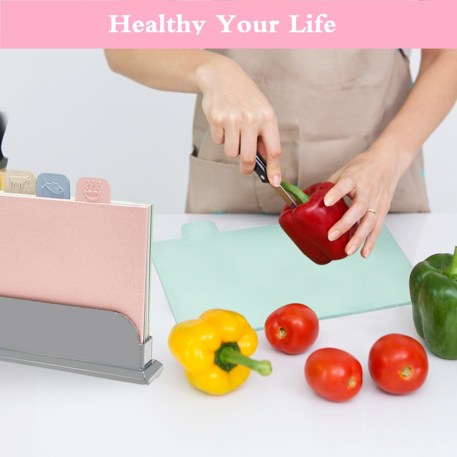 Juego de 4 tablas de cortar de cocina con soporte de almacenamiento e icono de alimentos, tablas de cortar antideslizantes, extragruesas, para cocina, carne, verduras, alimentos para bebés