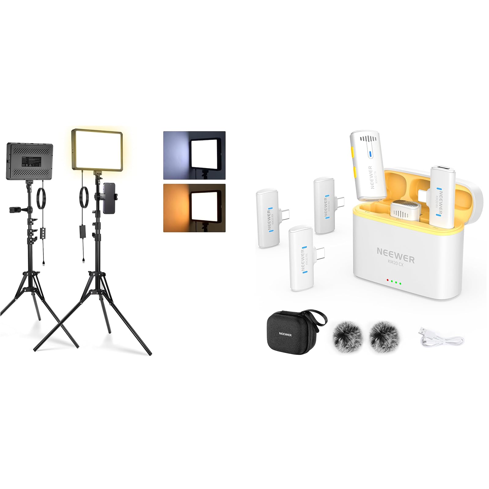 NEEWER Basics BP300 2Pcs LED Video Light Panel with 59'' Tripod Stands/Phone Holders + KM20 Wireless Lavalier Microphone System for iPhone Android Phone Computer Tablet, White