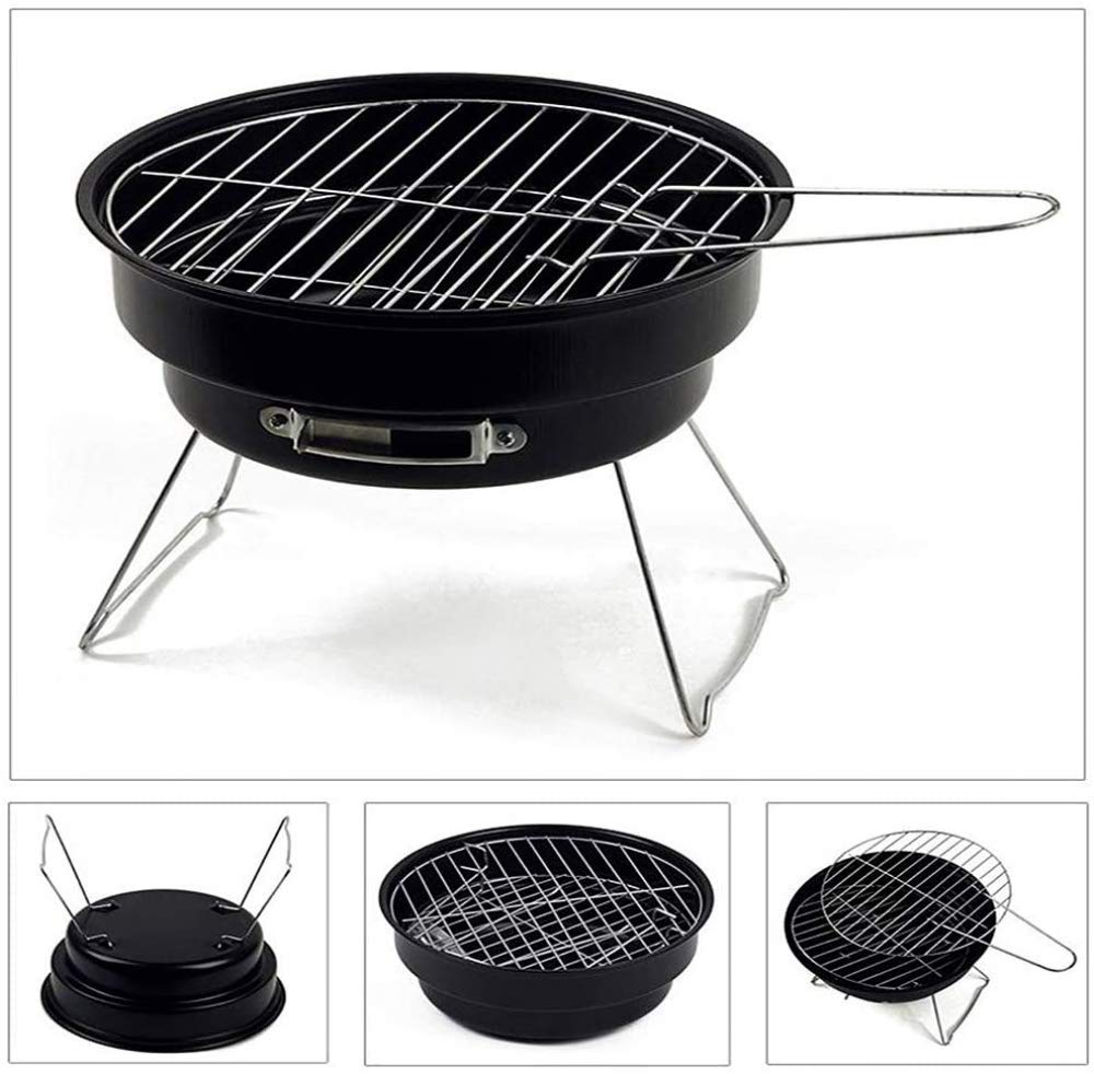 Parrilla de barbacoa plegable redonda portátil Parrilla de barbacoa de carbón Mesa de barbacoa de picnic pequeña y liviana con nevera y bolsa de transporte Fácil de limpiar para acampar